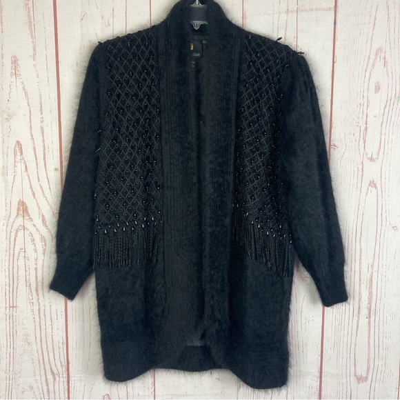 Vintage Jackets & Blazers - Fully Fashion Free Size Plus 2X Angora Rabbit Blend Cardigan Jacket Beads Fringe